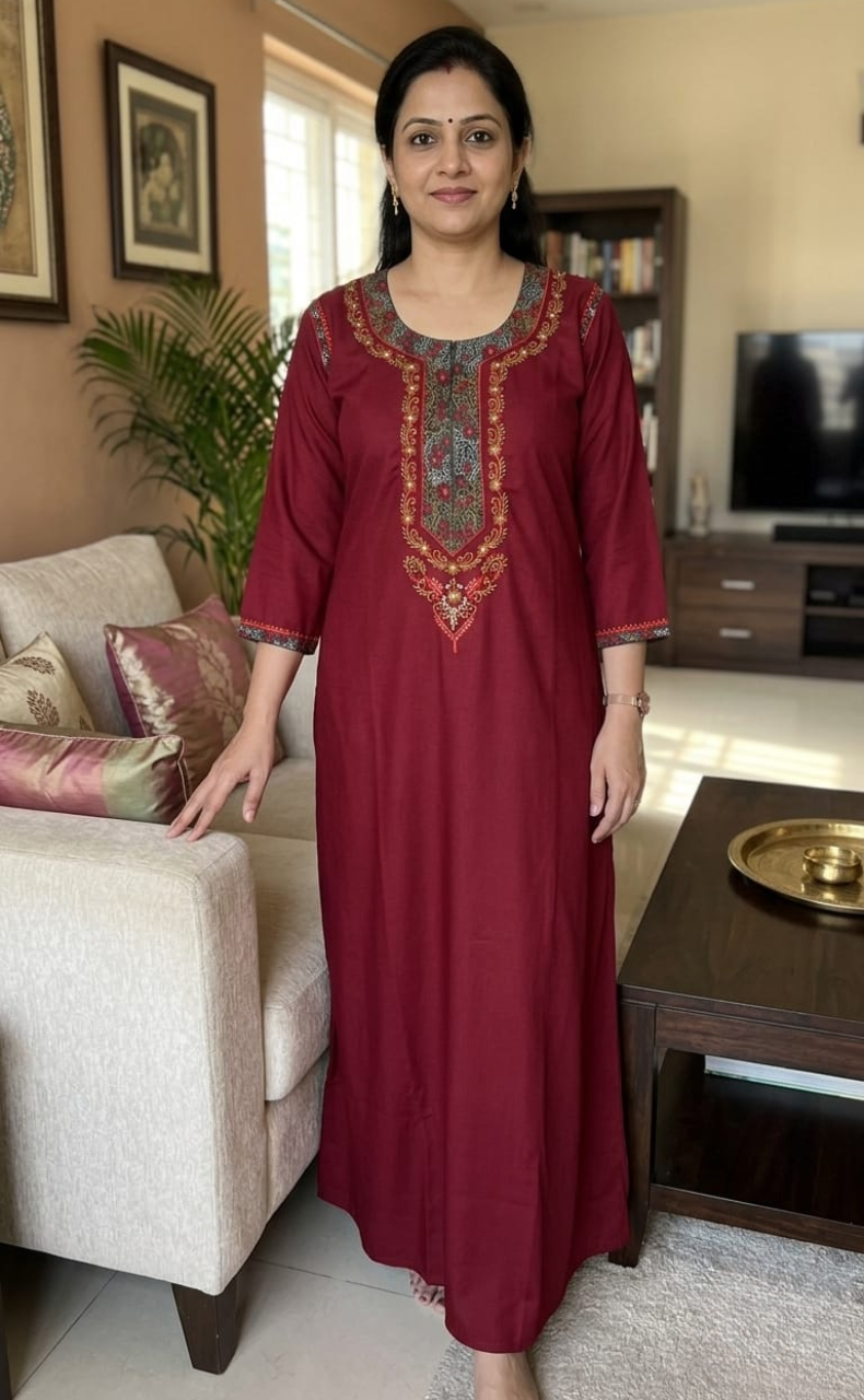 Maroon Bhopali Embroidery Soft Cotton Long Sleeves Nighty. Soft Breathable Fabric | Laces and Frills