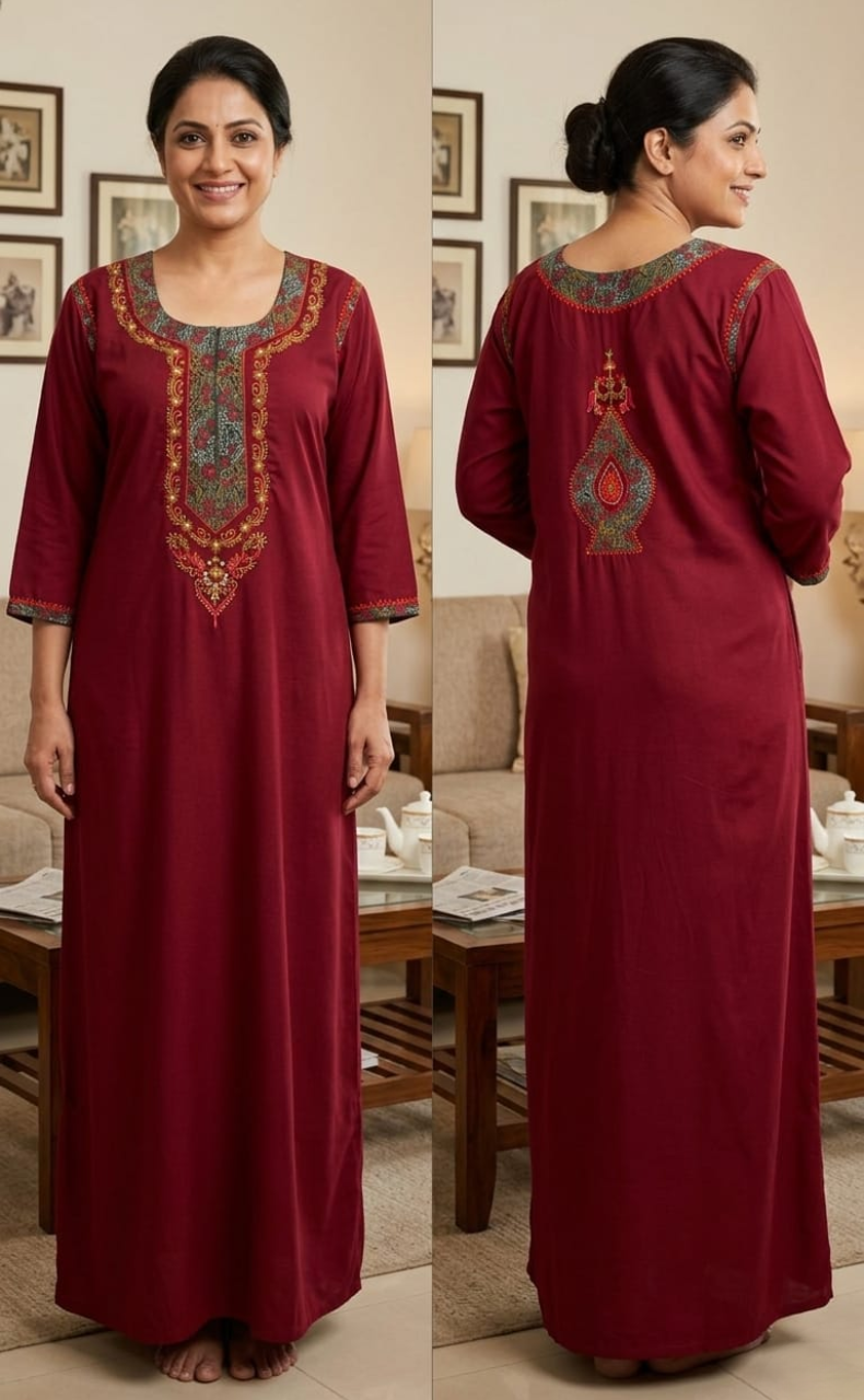 Maroon Bhopali Embroidery Soft Cotton Long Sleeves Nighty. Soft Breathable Fabric | Laces and Frills
