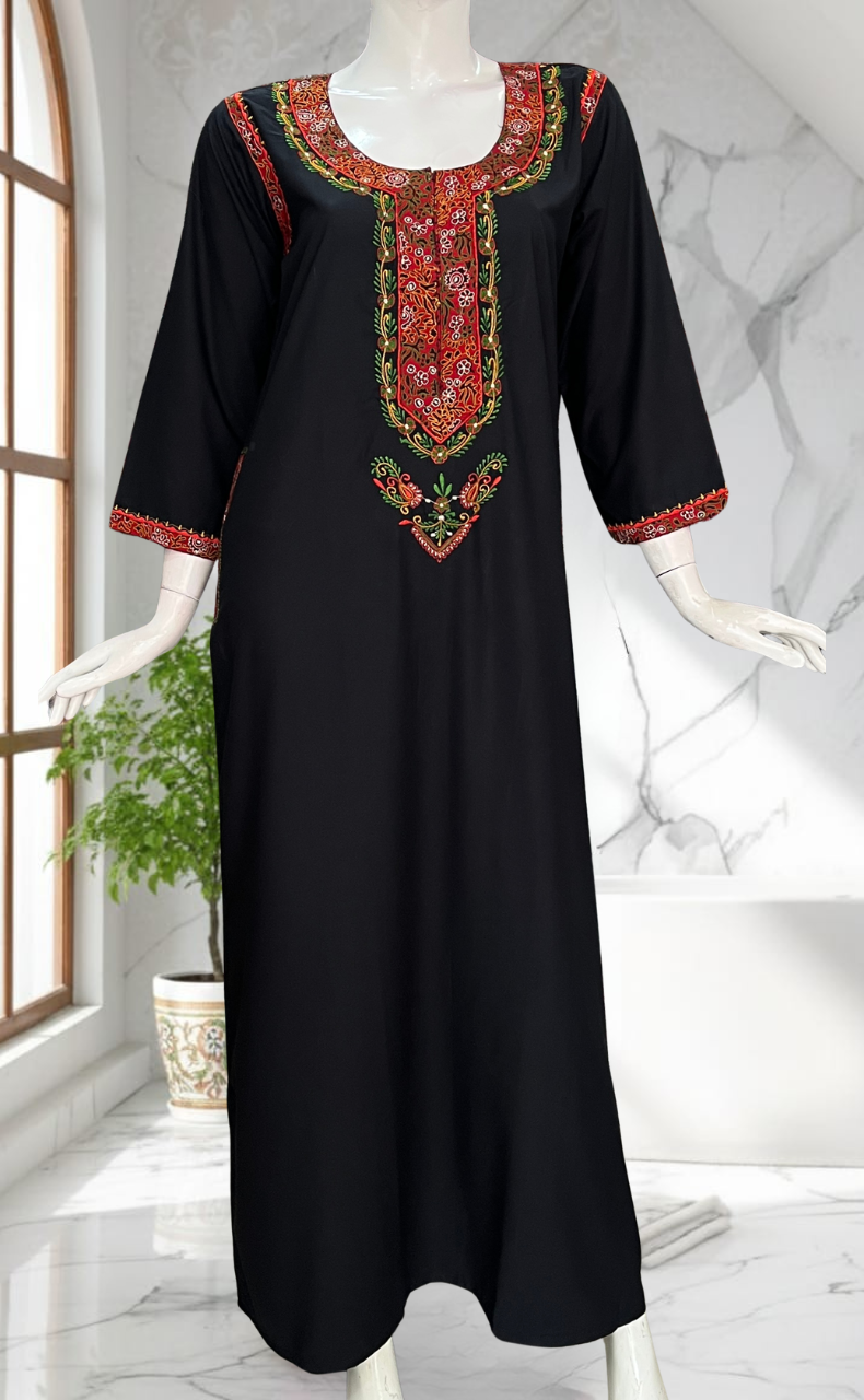 Black Bhopali Embroidery Soft Cotton Long Sleeves Nighty. Soft Breathable Fabric | Laces and Frills