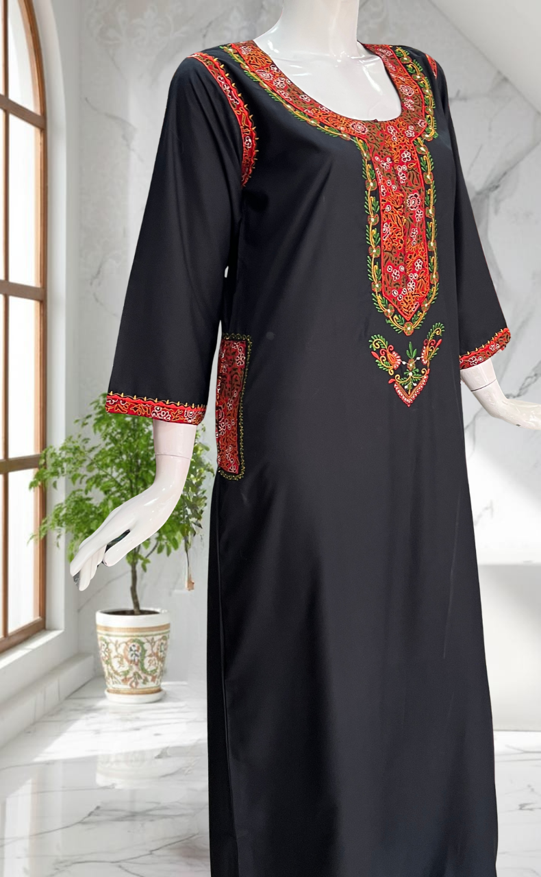 Black Bhopali Embroidery Soft Cotton Long Sleeves Nighty. Soft Breathable Fabric | Laces and Frills