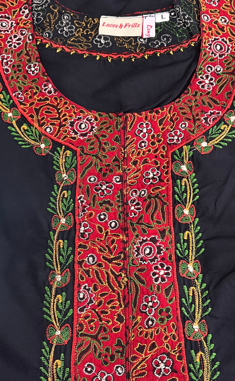 Black Bhopali Embroidery Soft Cotton Long Sleeves Nighty. Soft Breathable Fabric | Laces and Frills