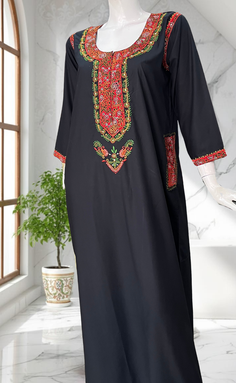 Black Bhopali Embroidery Soft Cotton Long Sleeves Nighty. Soft Breathable Fabric | Laces and Frills
