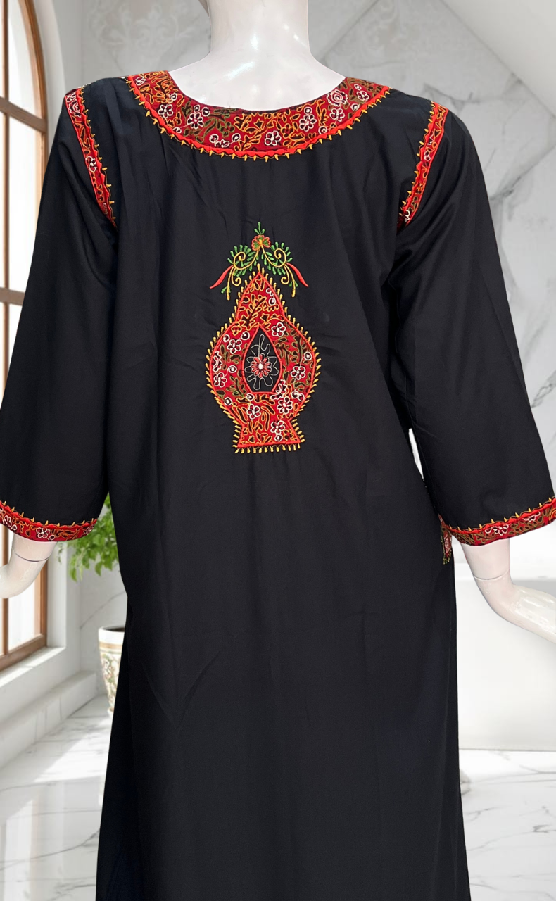 Black Bhopali Embroidery Soft Cotton Long Sleeves Nighty. Soft Breathable Fabric | Laces and Frills
