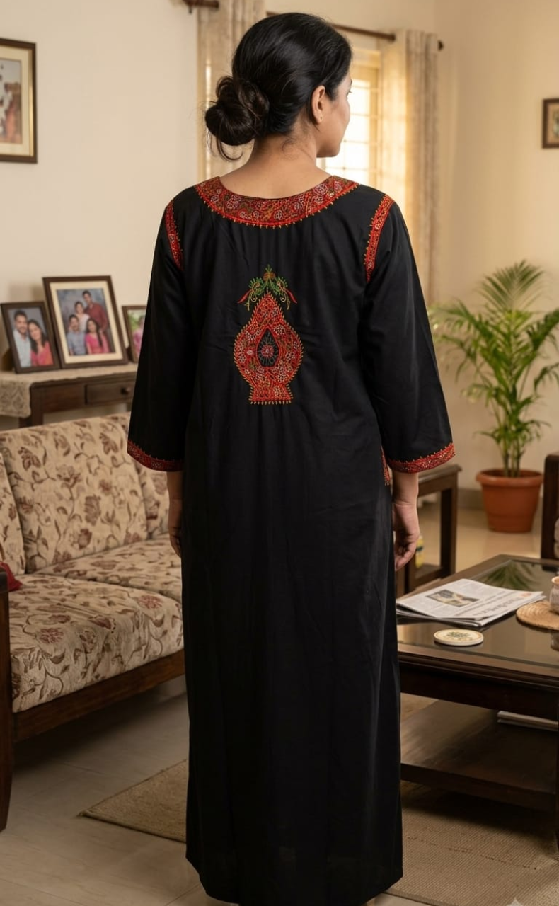 Black Bhopali Embroidery Soft Cotton Long Sleeves Nighty. Soft Breathable Fabric | Laces and Frills