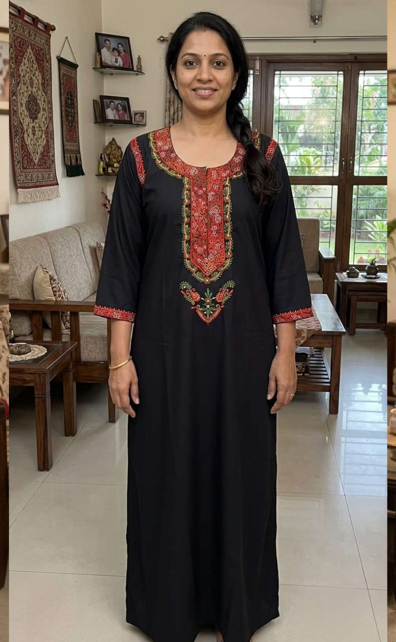 Black Bhopali Embroidery Soft Cotton Long Sleeves Nighty. Soft Breathable Fabric | Laces and Frills