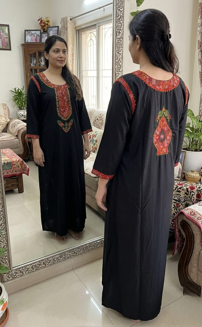Black Bhopali Embroidery Soft Cotton Long Sleeves Nighty. Soft Breathable Fabric | Laces and Frills