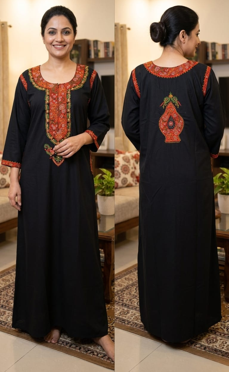 Black Bhopali Embroidery Soft Cotton Long Sleeves Nighty. Soft Breathable Fabric | Laces and Frills