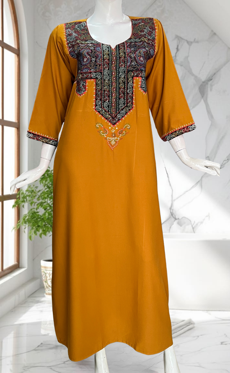 Yellow Bhopali Embroidery Soft Cotton Long Sleeves Nighty. Soft Breathable Fabric | Laces and Frills