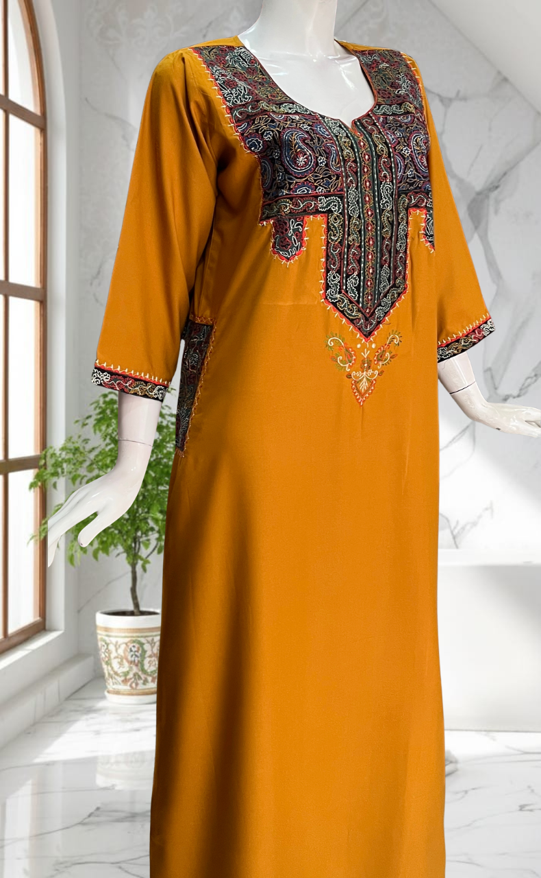 Yellow Bhopali Embroidery Soft Cotton Long Sleeves Nighty. Soft Breathable Fabric | Laces and Frills