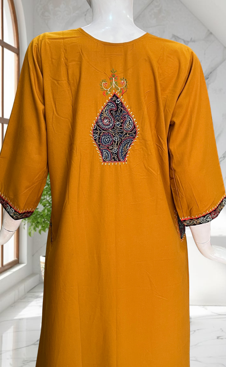 Yellow Bhopali Embroidery Soft Cotton Long Sleeves Nighty. Soft Breathable Fabric | Laces and Frills