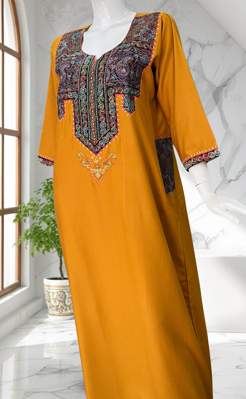Yellow Bhopali Embroidery Soft Cotton Long Sleeves Nighty. Soft Breathable Fabric | Laces and Frills