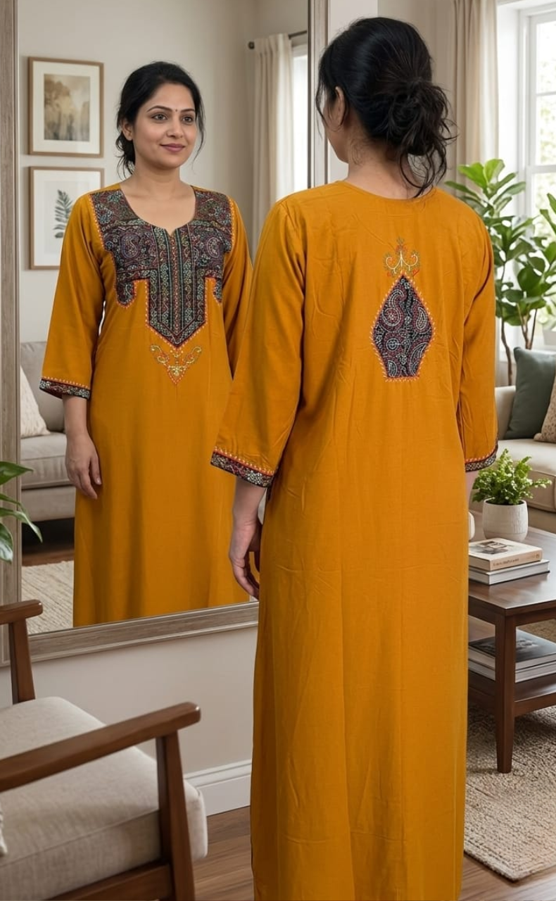 Yellow Bhopali Embroidery Soft Cotton Long Sleeves Nighty. Soft Breathable Fabric | Laces and Frills