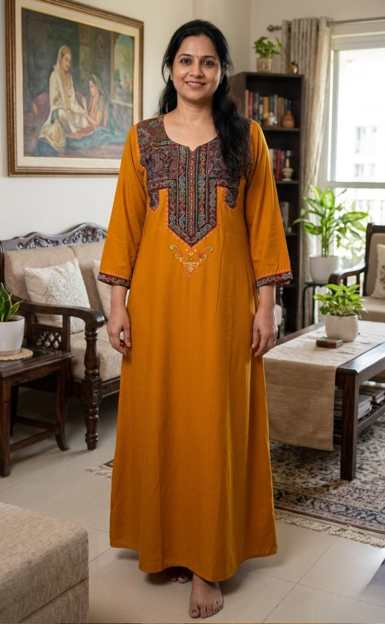 Yellow Bhopali Embroidery Soft Cotton Long Sleeves Nighty. Soft Breathable Fabric | Laces and Frills
