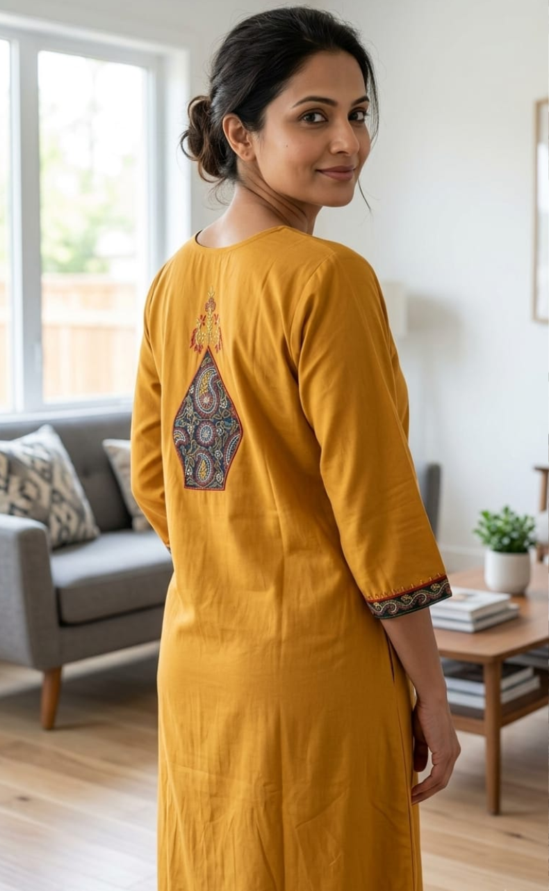Yellow Bhopali Embroidery Soft Cotton Long Sleeves Nighty. Soft Breathable Fabric | Laces and Frills