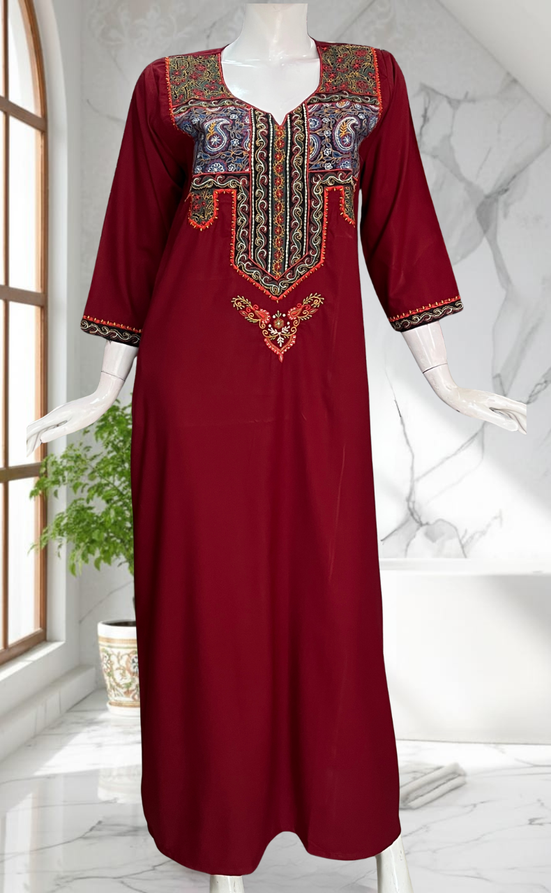 Maroon Bhopali Embroidery Soft Cotton Long Sleeves Nighty. Soft Breathable Fabric | Laces and Frills