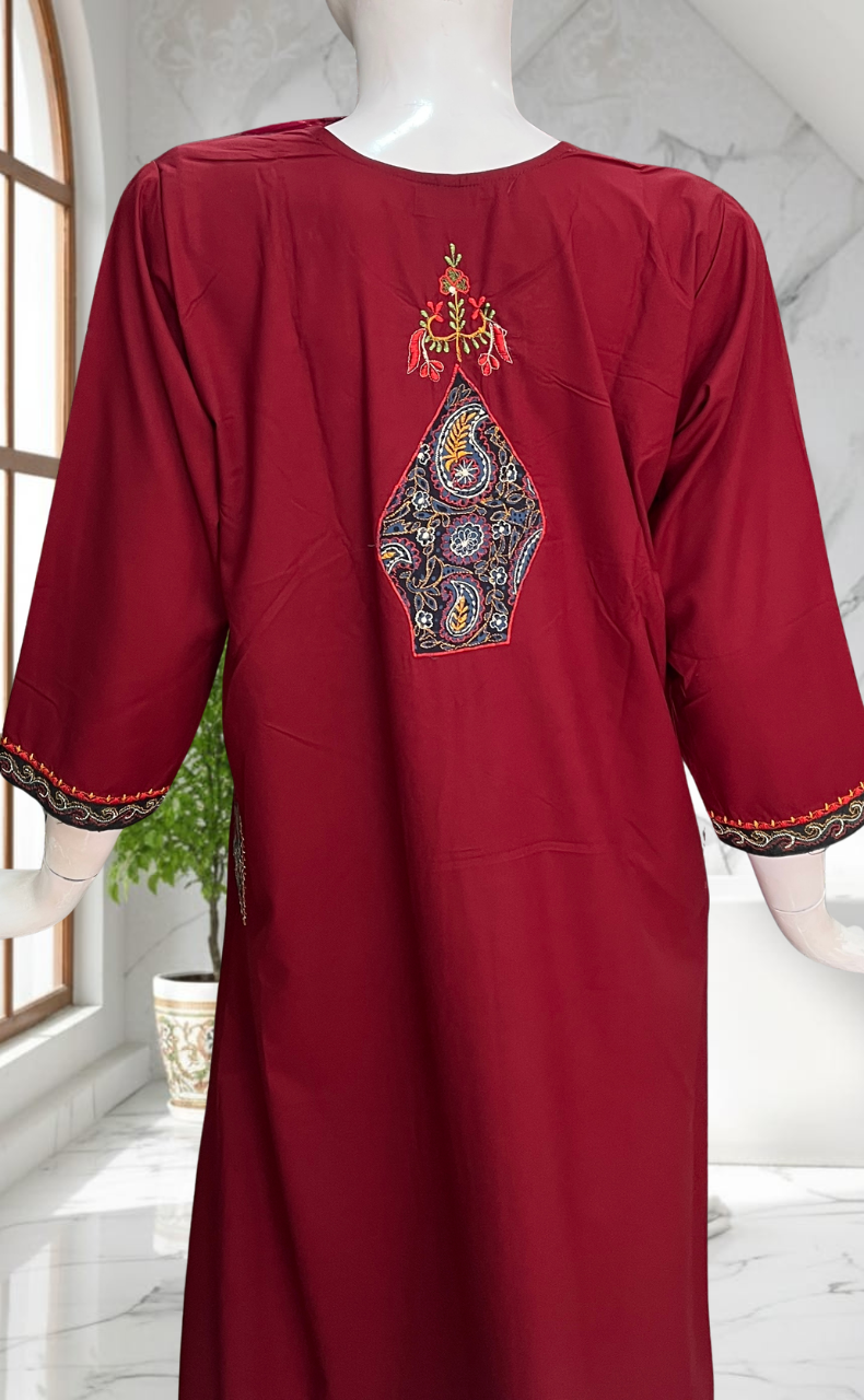 Maroon Bhopali Embroidery Soft Cotton Long Sleeves Nighty. Soft Breathable Fabric | Laces and Frills