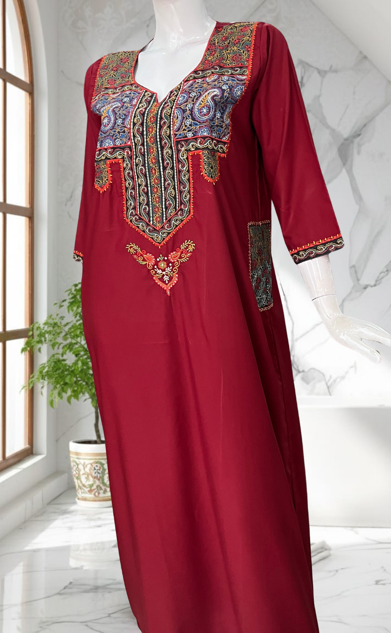 Maroon Bhopali Embroidery Soft Cotton Long Sleeves Nighty. Soft Breathable Fabric | Laces and Frills
