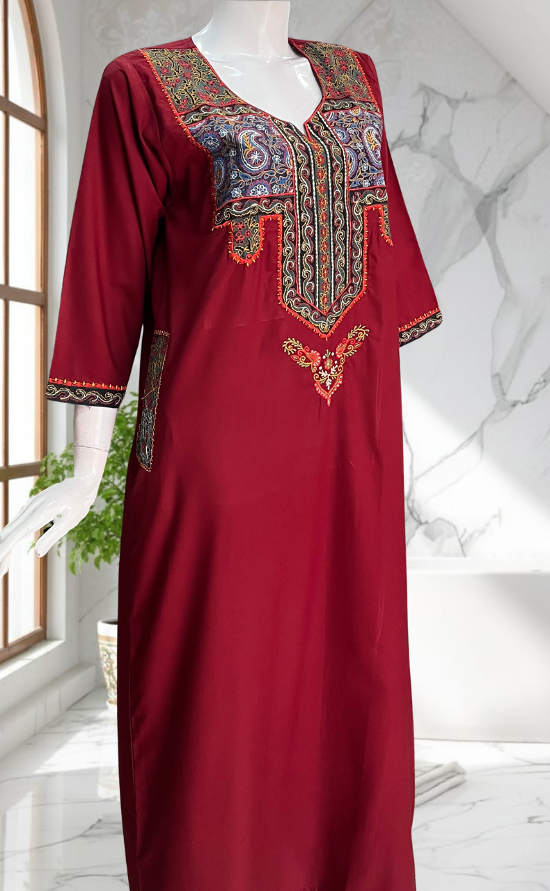 Maroon Bhopali Embroidery Soft Cotton Long Sleeves Nighty. Soft Breathable Fabric | Laces and Frills