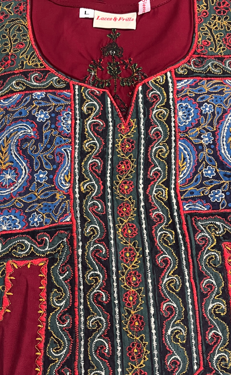 Maroon Bhopali Embroidery Soft Cotton Long Sleeves Nighty. Soft Breathable Fabric | Laces and Frills