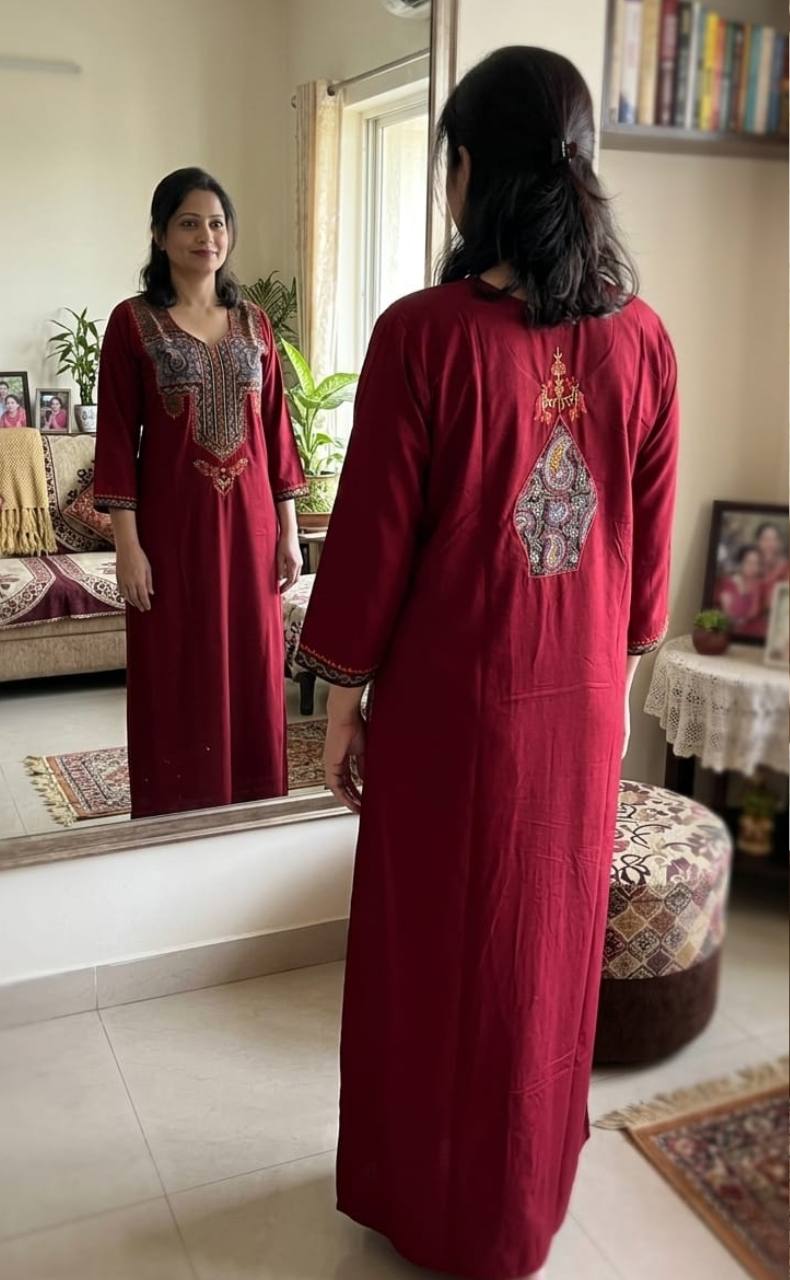 Maroon Bhopali Embroidery Soft Cotton Long Sleeves Nighty. Soft Breathable Fabric | Laces and Frills