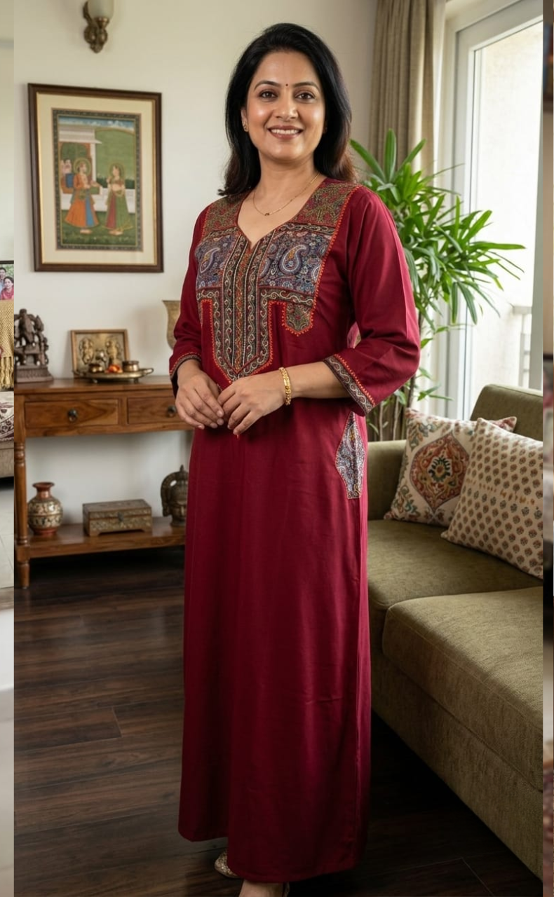 Maroon Bhopali Embroidery Soft Cotton Long Sleeves Nighty. Soft Breathable Fabric | Laces and Frills
