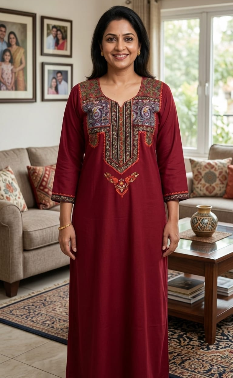 Maroon Bhopali Embroidery Soft Cotton Long Sleeves Nighty. Soft Breathable Fabric | Laces and Frills