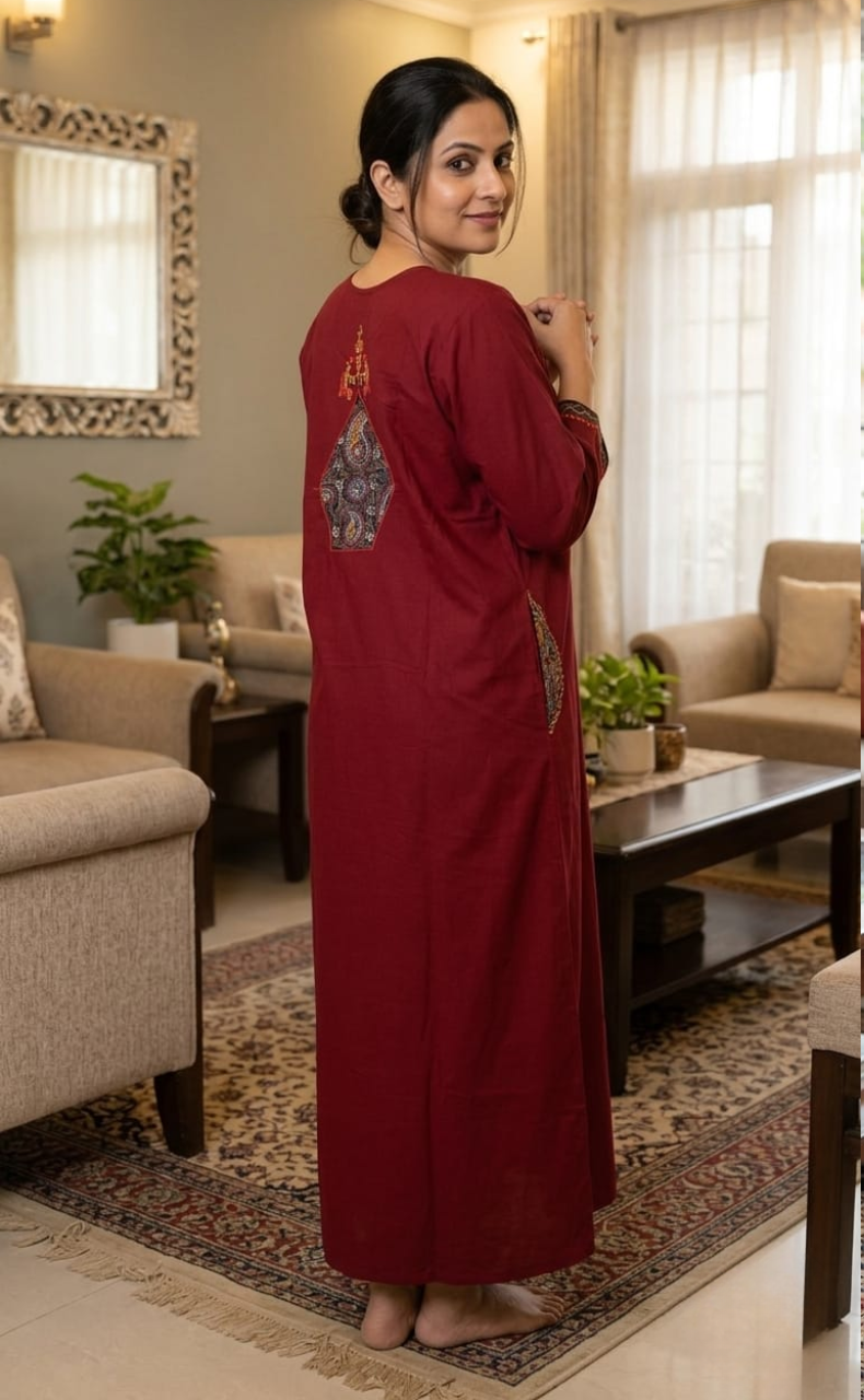 Maroon Bhopali Embroidery Soft Cotton Long Sleeves Nighty. Soft Breathable Fabric | Laces and Frills
