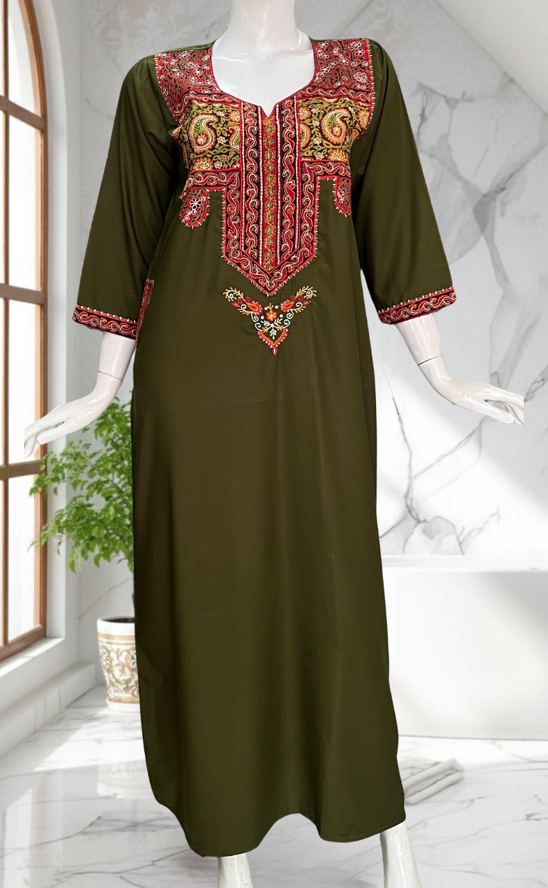 Mehndi Green Bhopali Embroidery Soft Cotton Long Sleeves Nighty. Soft Breathable Fabric | Laces and Frills