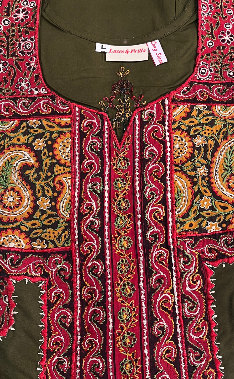 Mehndi Green Bhopali Embroidery Soft Cotton Long Sleeves Nighty. Soft Breathable Fabric | Laces and Frills