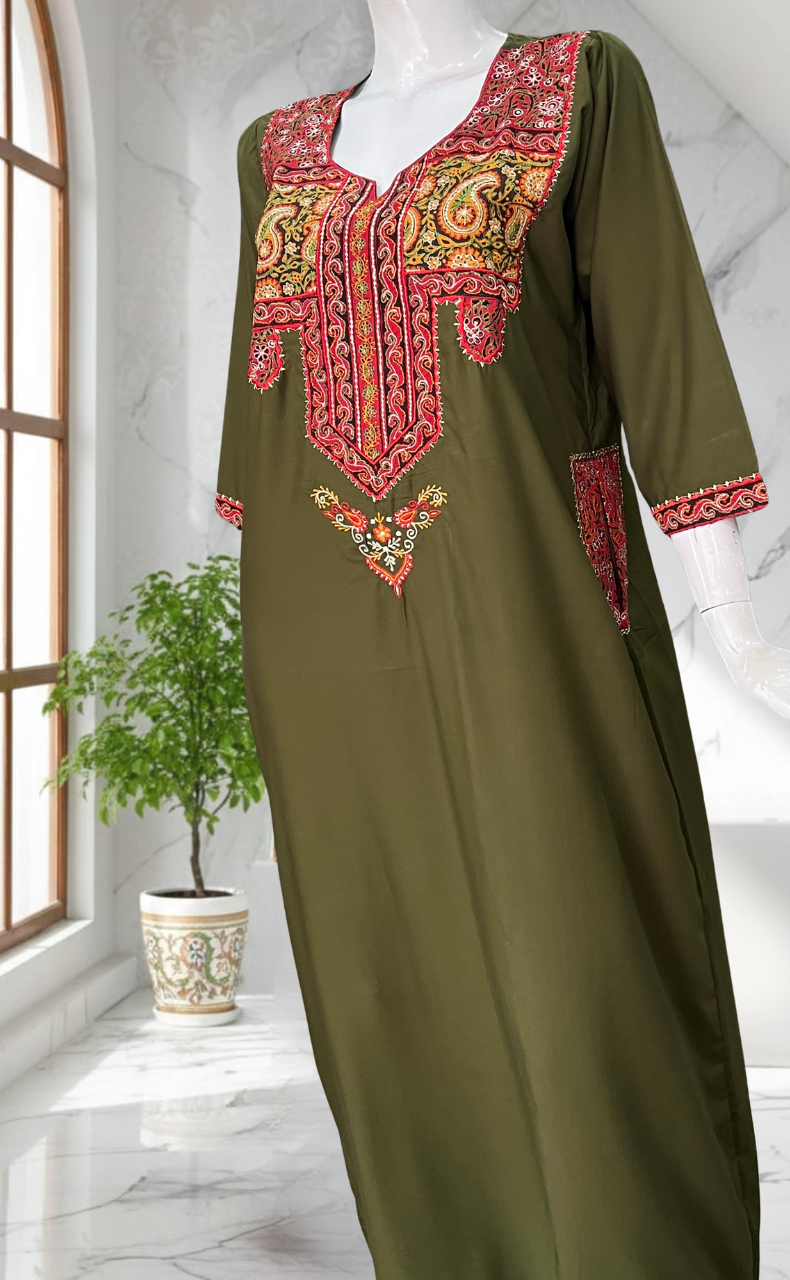 Mehndi Green Bhopali Embroidery Soft Cotton Long Sleeves Nighty. Soft Breathable Fabric | Laces and Frills
