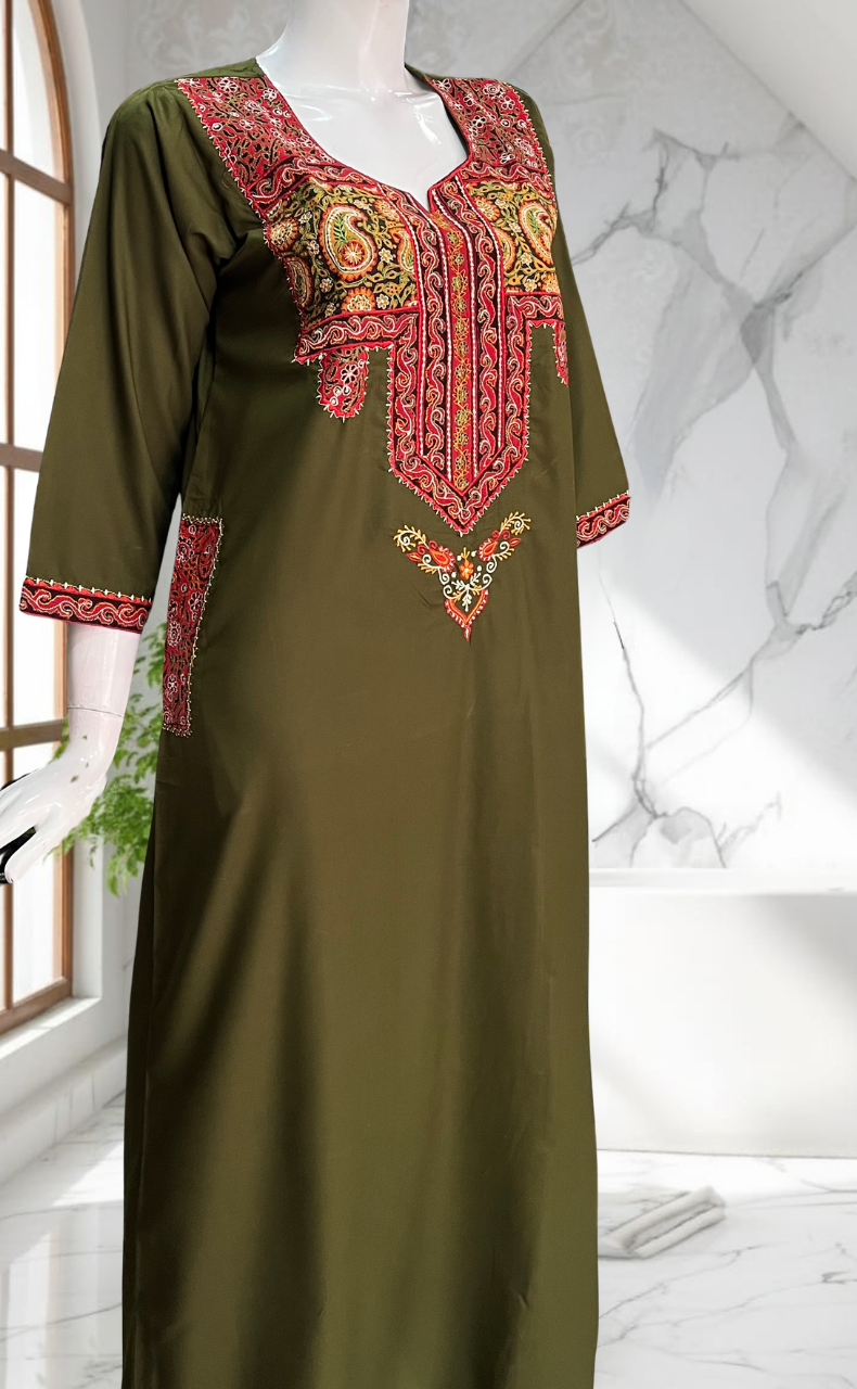 Mehndi Green Bhopali Embroidery Soft Cotton Long Sleeves Nighty. Soft Breathable Fabric | Laces and Frills