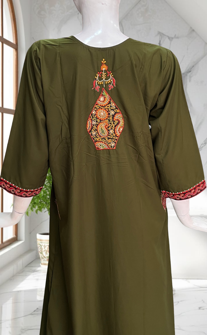Mehndi Green Bhopali Embroidery Soft Cotton Long Sleeves Nighty. Soft Breathable Fabric | Laces and Frills