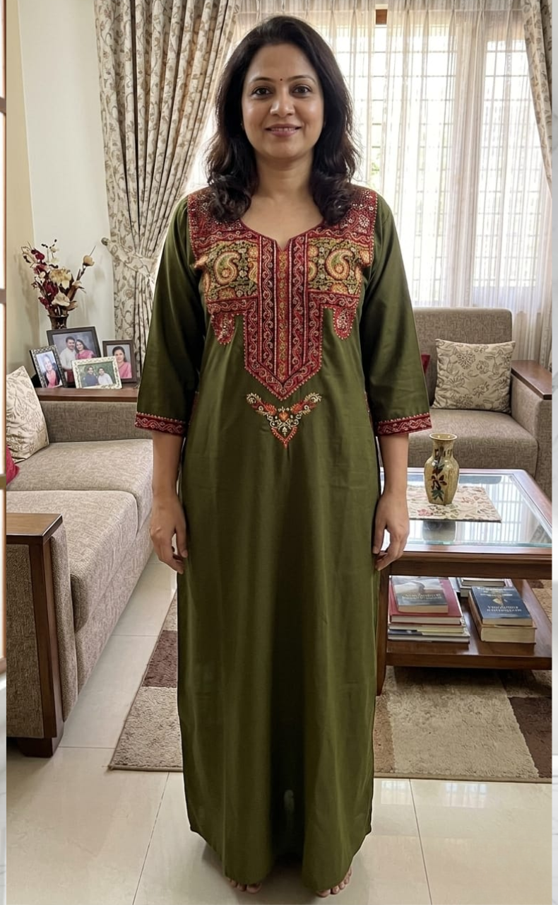 Mehndi Green Bhopali Embroidery Soft Cotton Long Sleeves Nighty. Soft Breathable Fabric | Laces and Frills