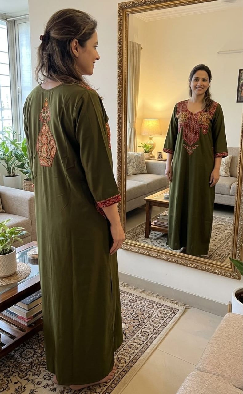 Mehndi Green Bhopali Embroidery Soft Cotton Long Sleeves Nighty. Soft Breathable Fabric | Laces and Frills