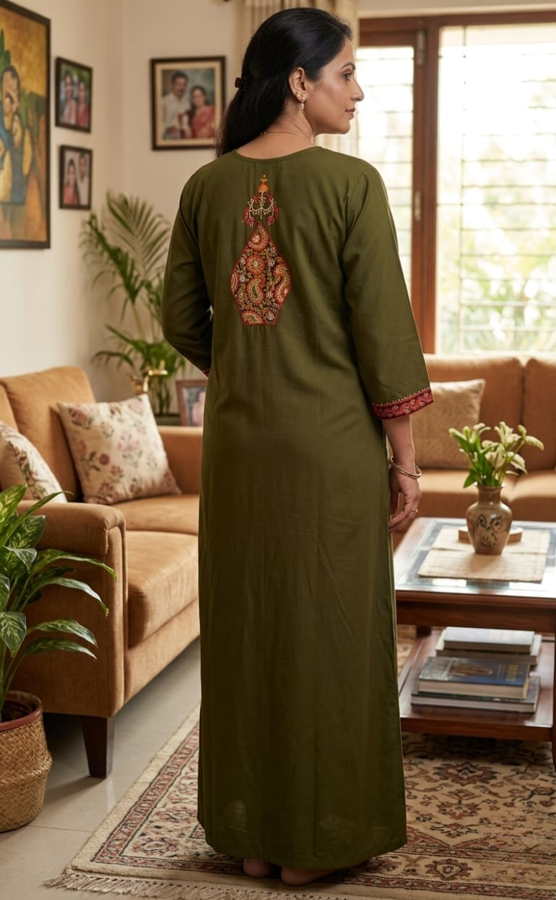 Mehndi Green Bhopali Embroidery Soft Cotton Long Sleeves Nighty. Soft Breathable Fabric | Laces and Frills