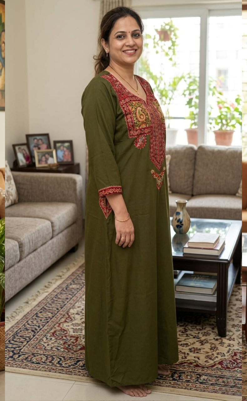Mehndi Green Bhopali Embroidery Soft Cotton Long Sleeves Nighty. Soft Breathable Fabric | Laces and Frills