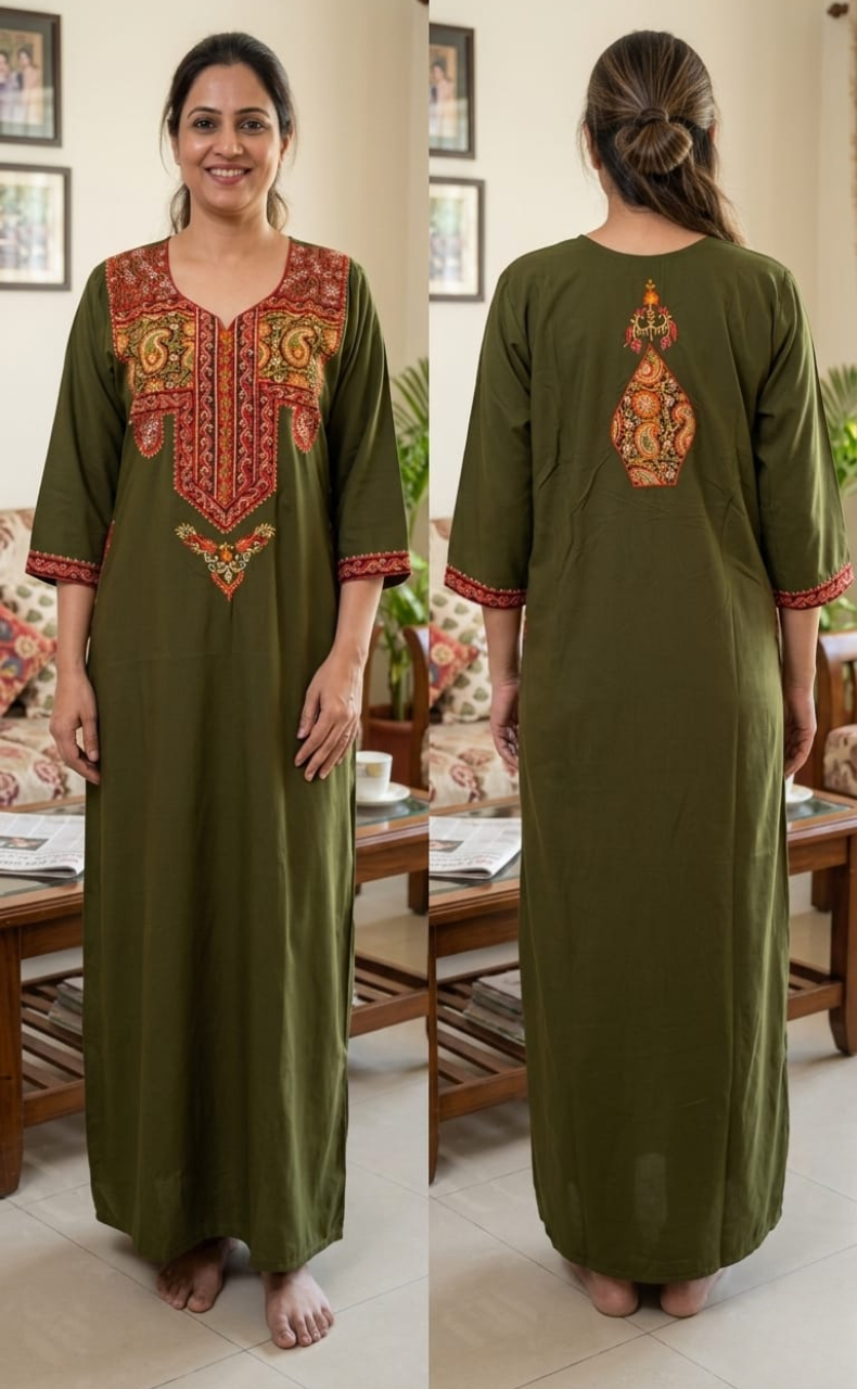 Mehndi Green Bhopali Embroidery Soft Cotton Long Sleeves Nighty. Soft Breathable Fabric | Laces and Frills