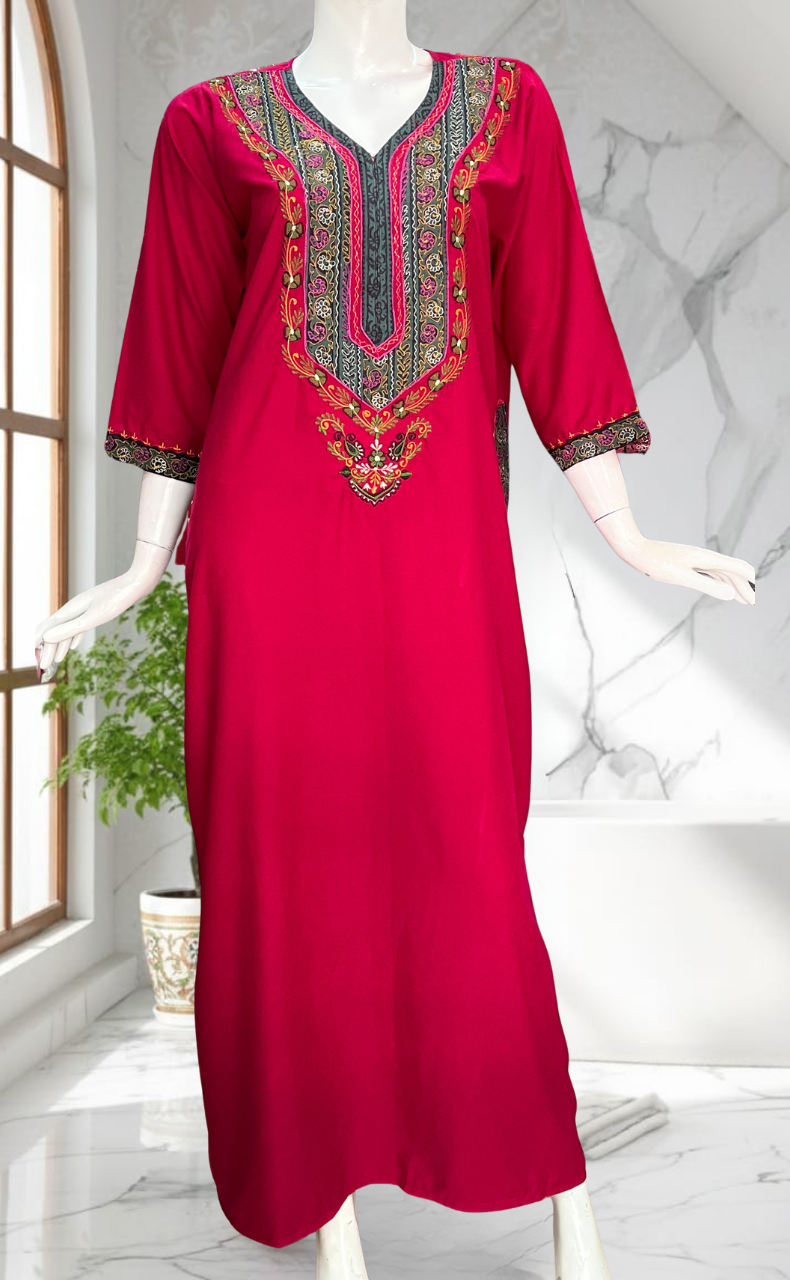 Hot Pink Bhopali Embroidery Soft Cotton Long Sleeves Nighty. Soft Breathable Fabric | Laces and Frills