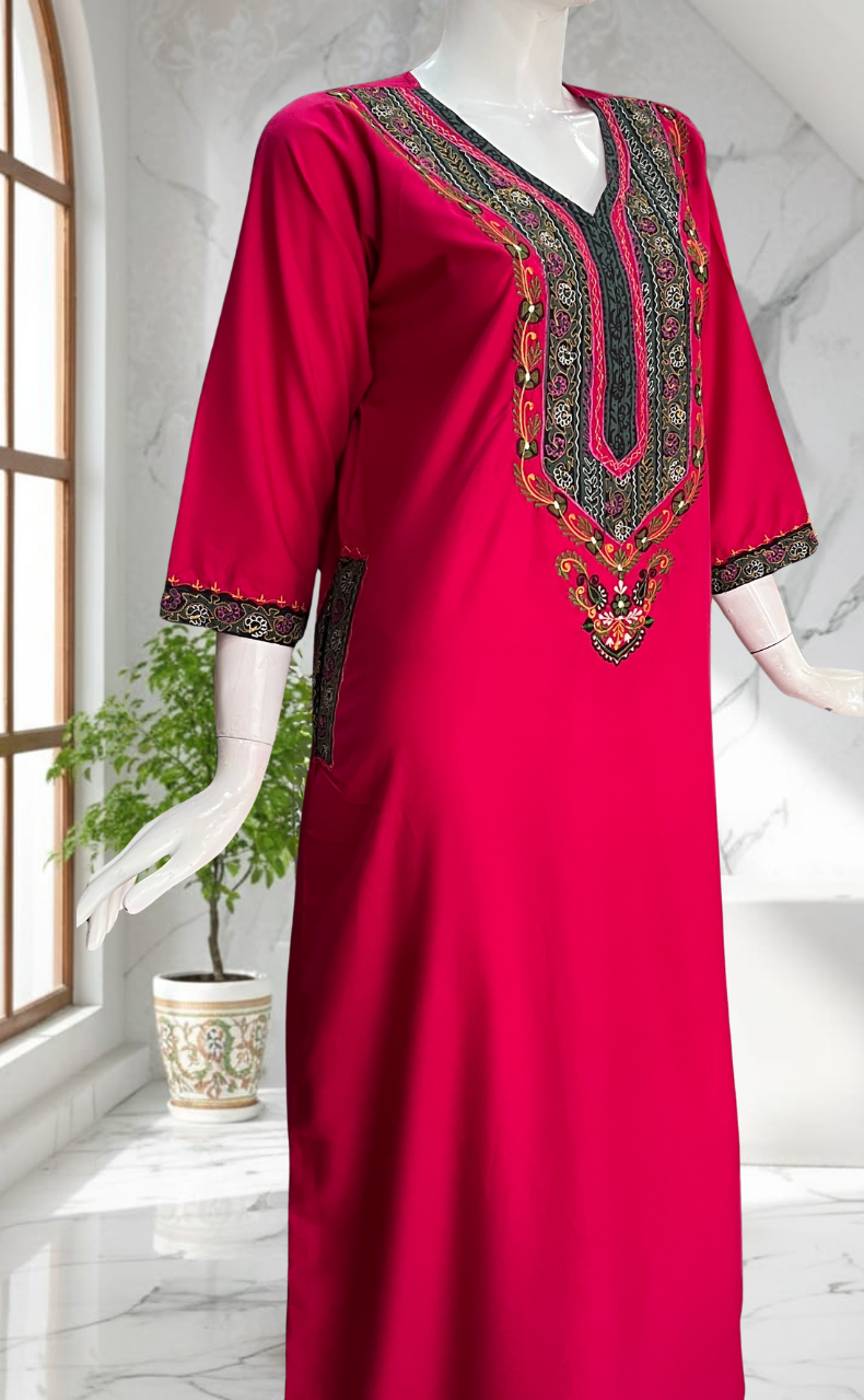 Hot Pink Bhopali Embroidery Soft Cotton Long Sleeves Nighty. Soft Breathable Fabric | Laces and Frills