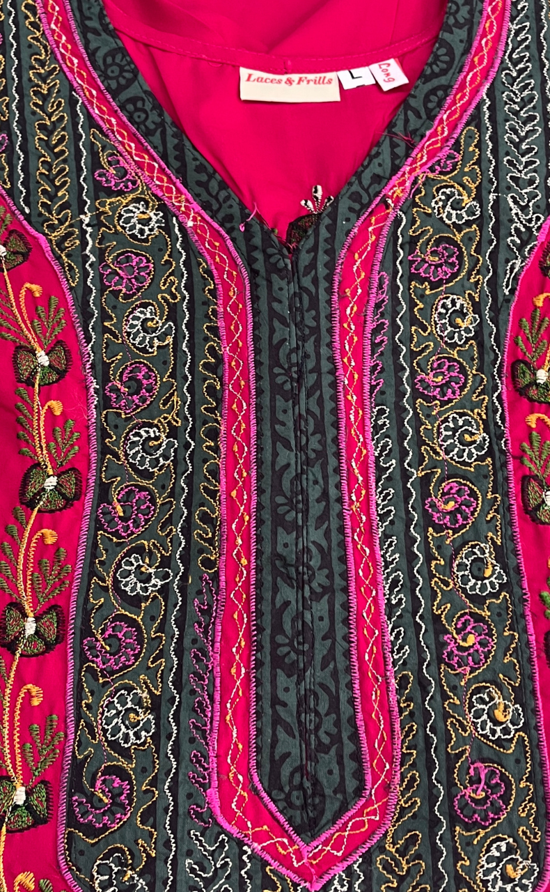Hot Pink Bhopali Embroidery Soft Cotton Long Sleeves Nighty. Soft Breathable Fabric | Laces and Frills