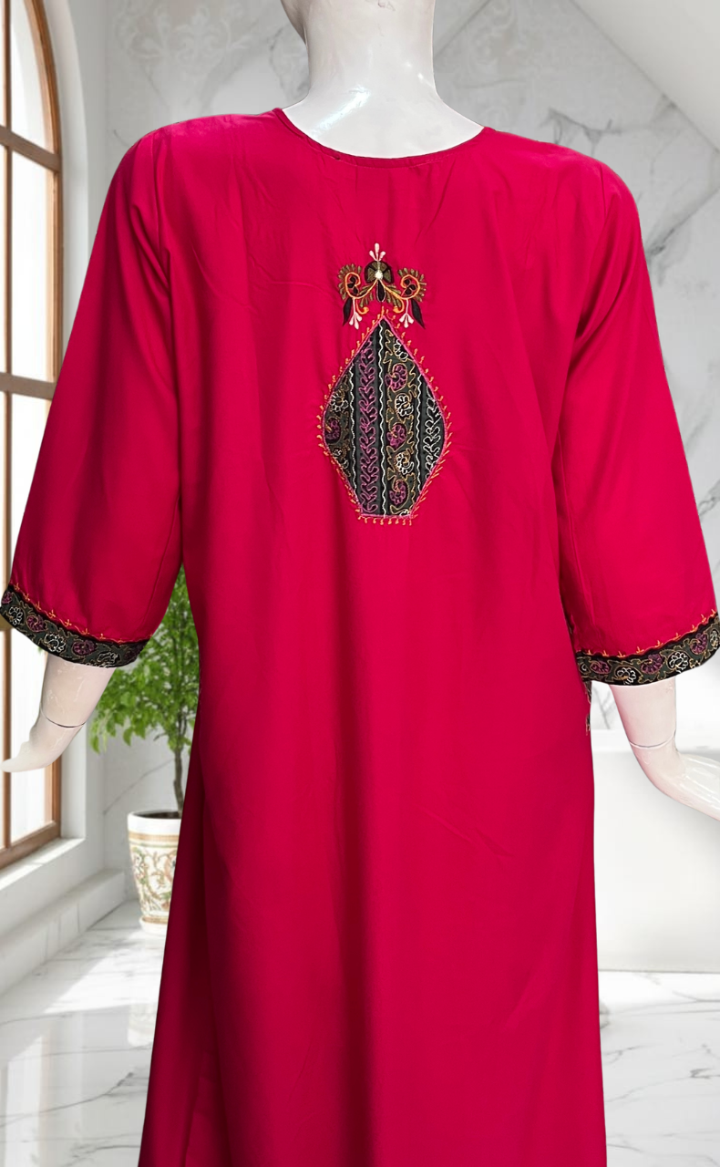 Hot Pink Bhopali Embroidery Soft Cotton Long Sleeves Nighty. Soft Breathable Fabric | Laces and Frills