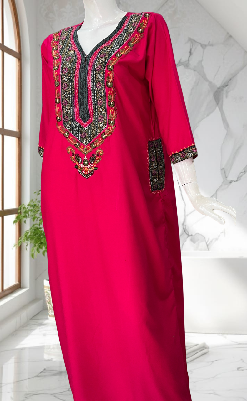 Hot Pink Bhopali Embroidery Soft Cotton Long Sleeves Nighty. Soft Breathable Fabric | Laces and Frills