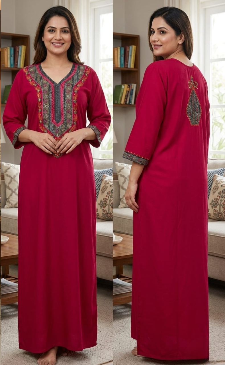 Hot Pink Bhopali Embroidery Soft Cotton Long Sleeves Nighty. Soft Breathable Fabric | Laces and Frills
