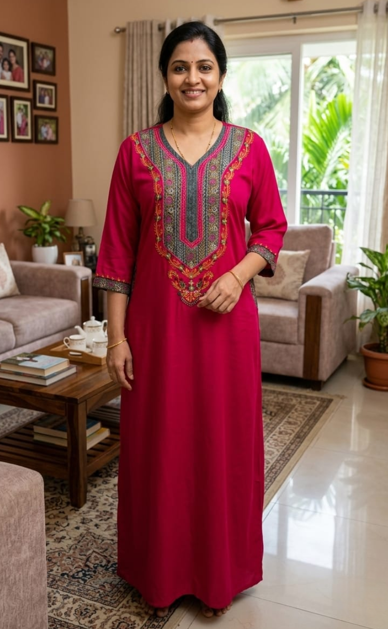Hot Pink Bhopali Embroidery Soft Cotton Long Sleeves Nighty. Soft Breathable Fabric | Laces and Frills