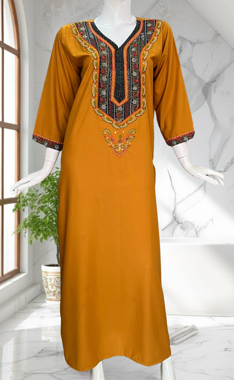 Yellow Bhopali Embroidery Soft Cotton Long Sleeves Nighty. Soft Breathable Fabric | Laces and Frills