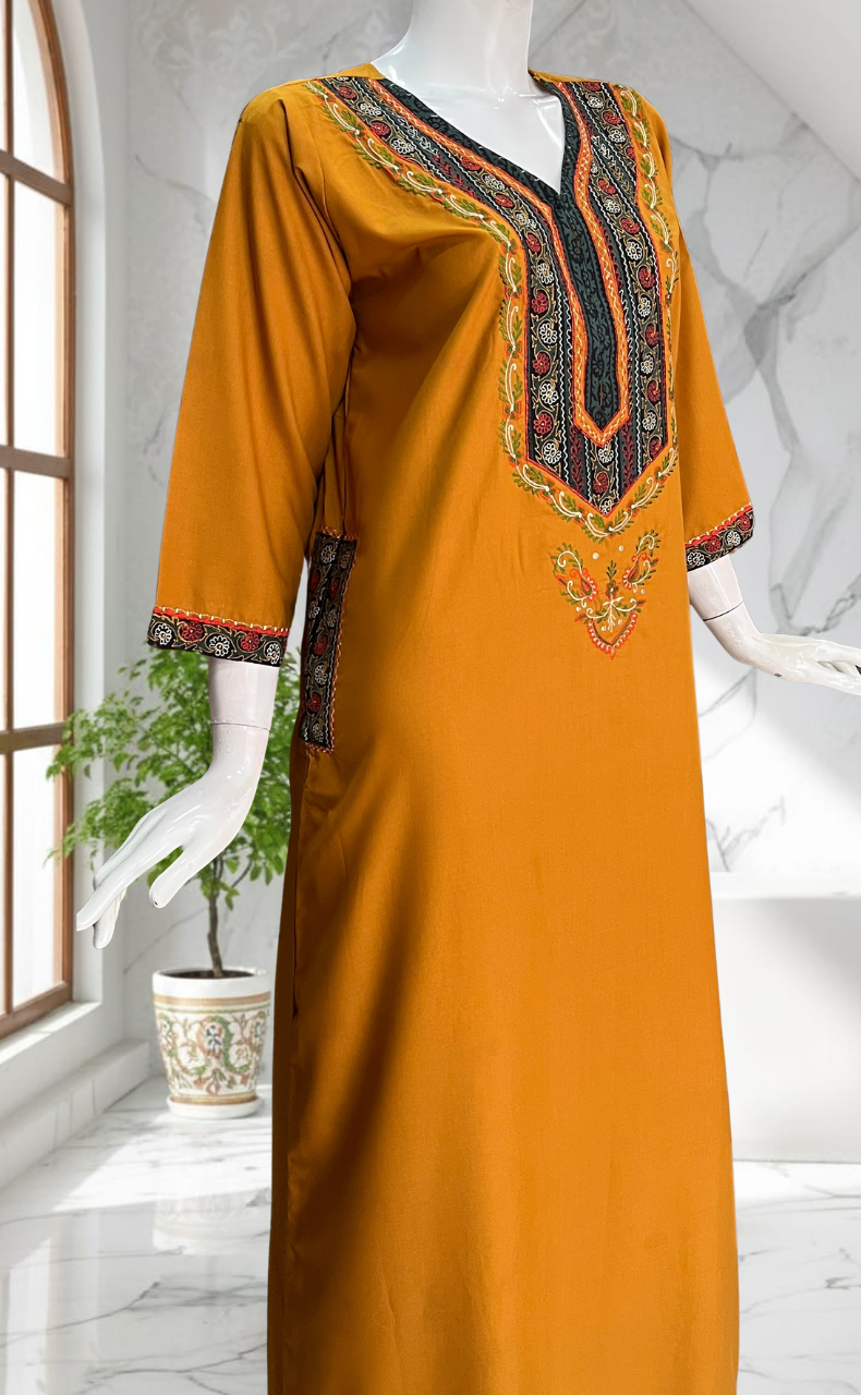 Yellow Bhopali Embroidery Soft Cotton Long Sleeves Nighty. Soft Breathable Fabric | Laces and Frills
