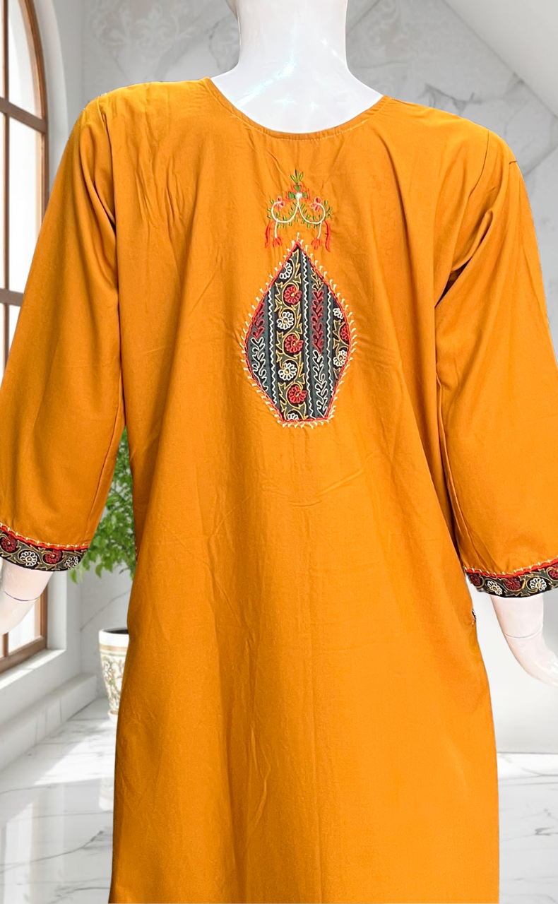 Yellow Bhopali Embroidery Soft Cotton Long Sleeves Nighty. Soft Breathable Fabric | Laces and Frills