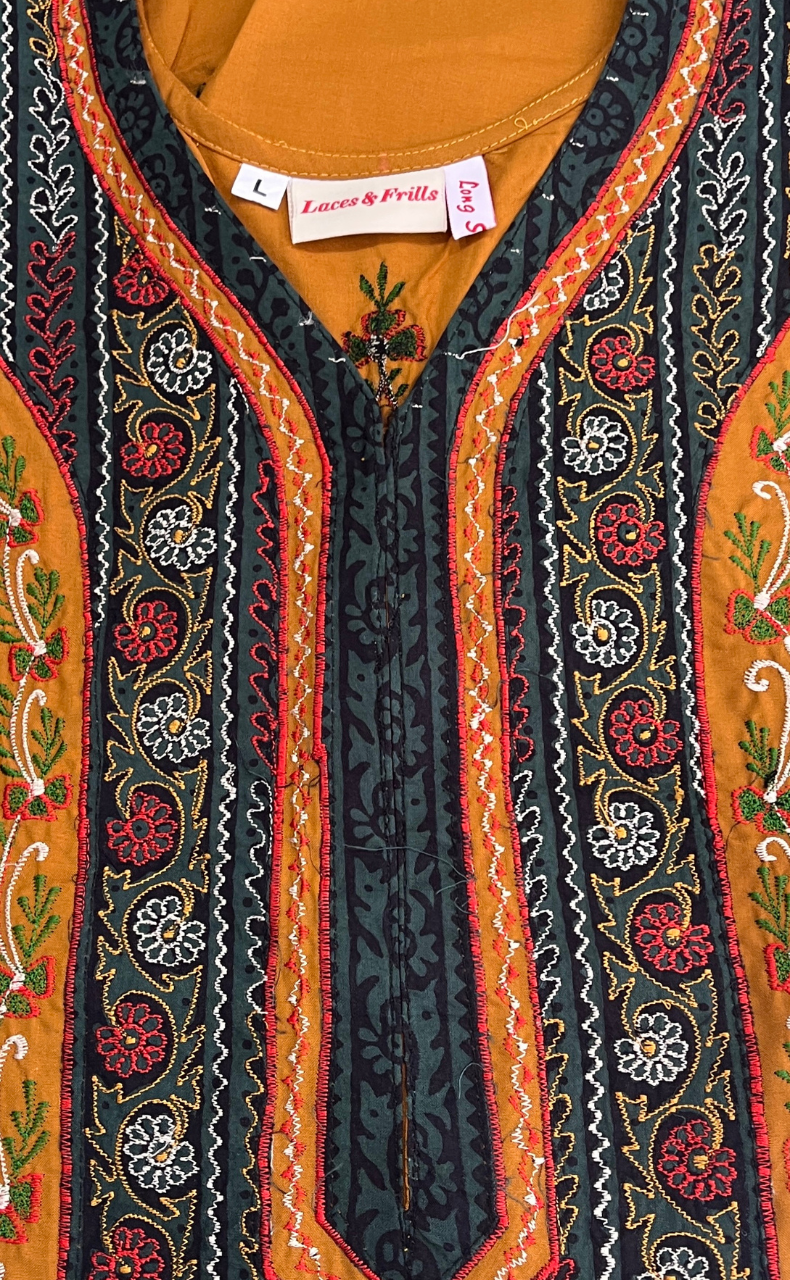 Yellow Bhopali Embroidery Soft Cotton Long Sleeves Nighty. Soft Breathable Fabric | Laces and Frills