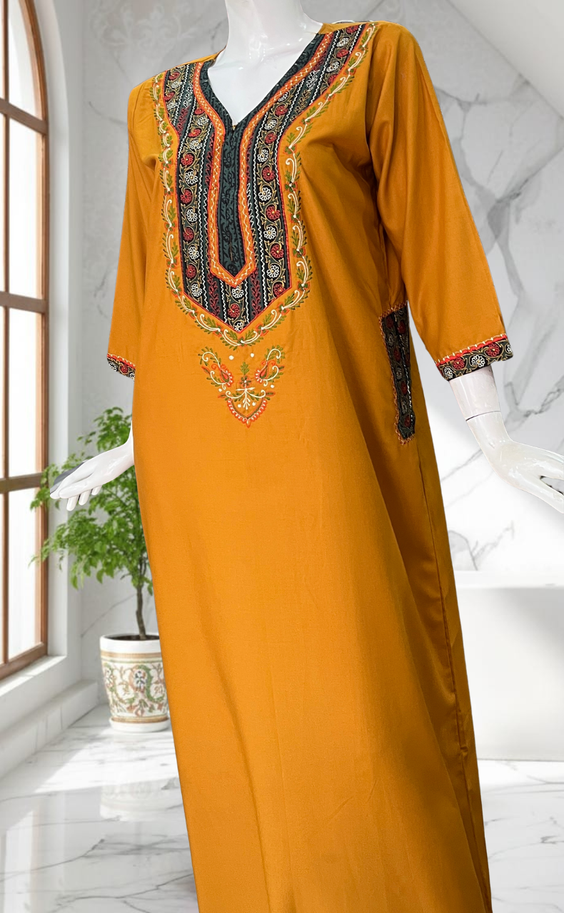 Yellow Bhopali Embroidery Soft Cotton Long Sleeves Nighty. Soft Breathable Fabric | Laces and Frills
