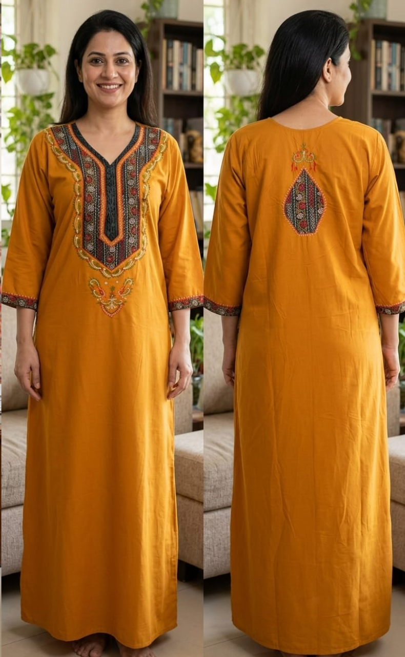 Yellow Bhopali Embroidery Soft Cotton Long Sleeves Nighty. Soft Breathable Fabric | Laces and Frills